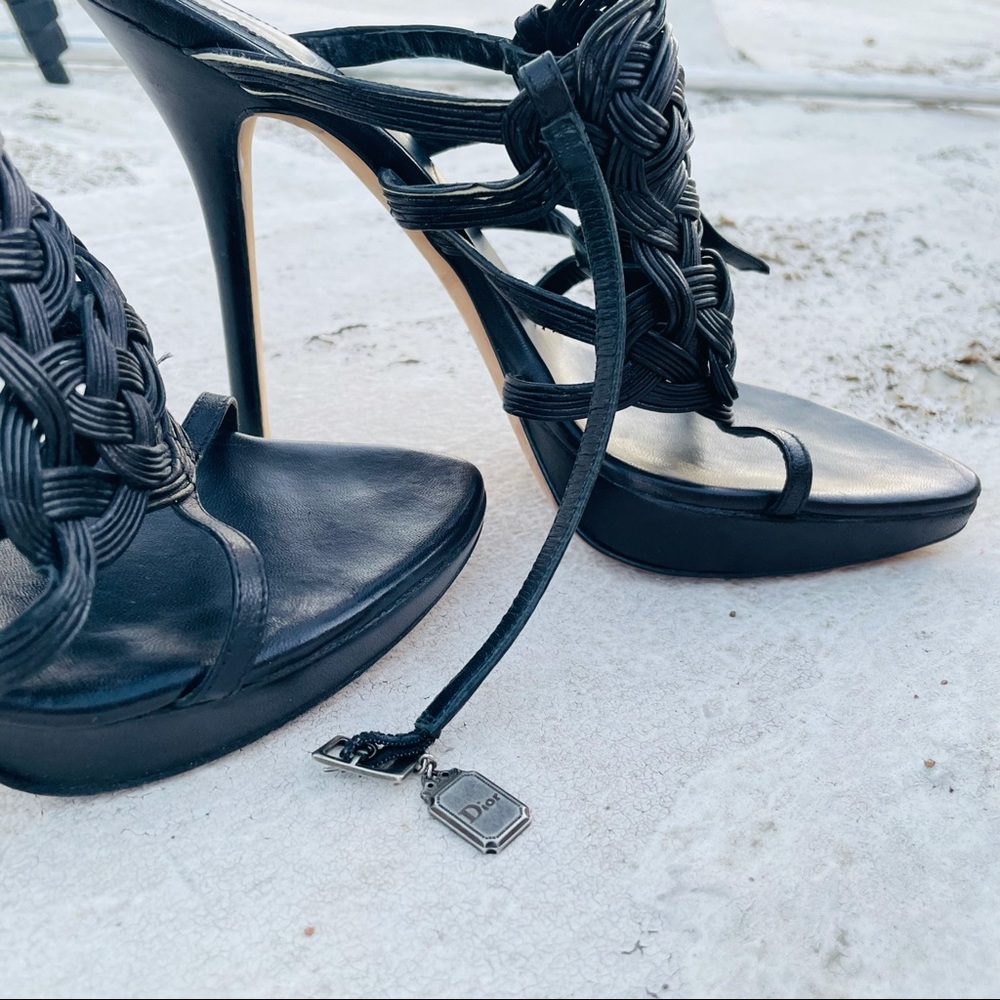 Christian Dior black leather strapped open-toe slingback 4.5”stiletto high heels - Picture 4 of 16